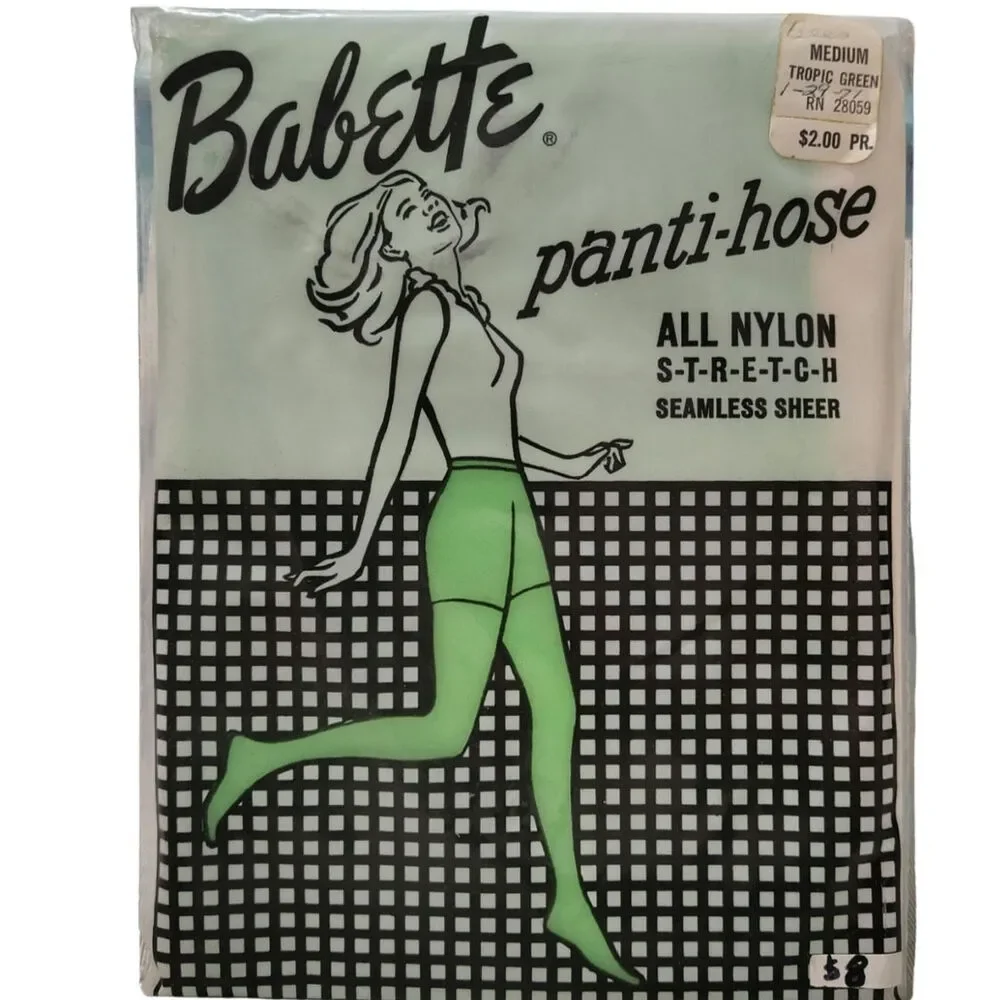 2 Pair 1960s Green All Nylon Stretch Seamless Sheer Panti-Hose Hosiery Size M